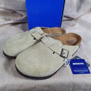 Birkenstock Boston taupe suede mule clogs